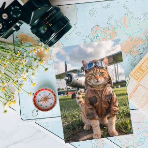 Cat Pilot & Aeroplane, Cool Funny Aviation Birthda Card