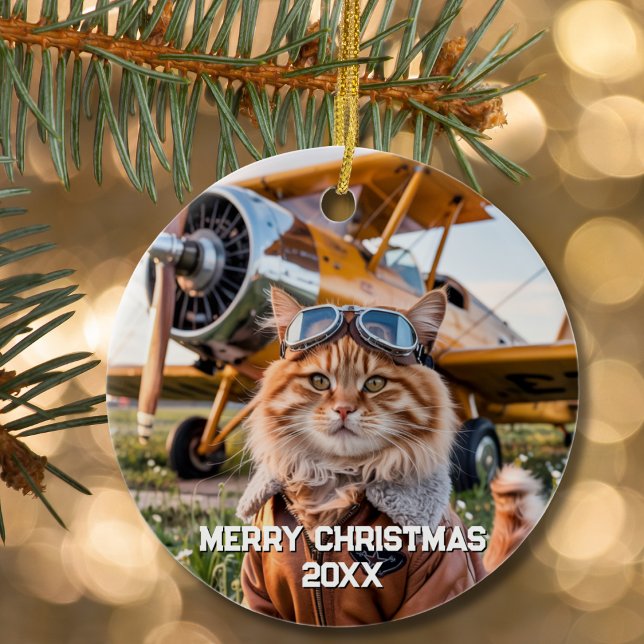 Cat Pilot Aeroplane Funny Aviation Photo Christmas Ceramic Ornament (Creator Uploaded)