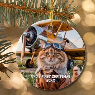 Cat Pilot Aeroplane Funny Aviation Photo Christmas Ceramic Ornament