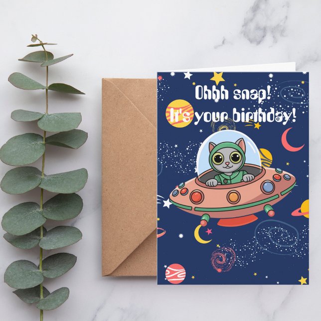 Cat Pilot & UFO, Cool Outer Space,Funny Birthday Card (Creator Uploaded)