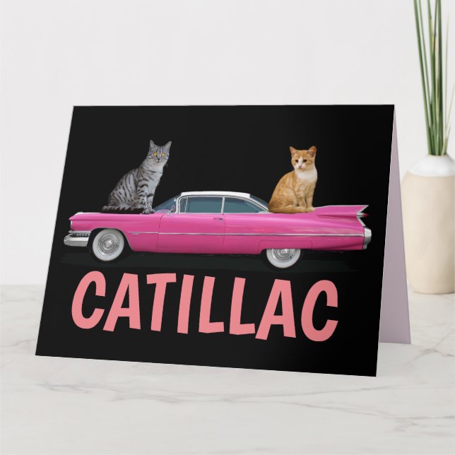 CAT PINK CADDY CLASSIC CAR big BIRTHDAY CARDS (Front)