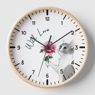 Cat Pink rose With love Clock