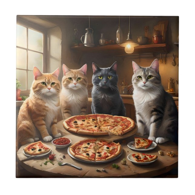 Cat Pizza Night, Ceramic Tile (Front)