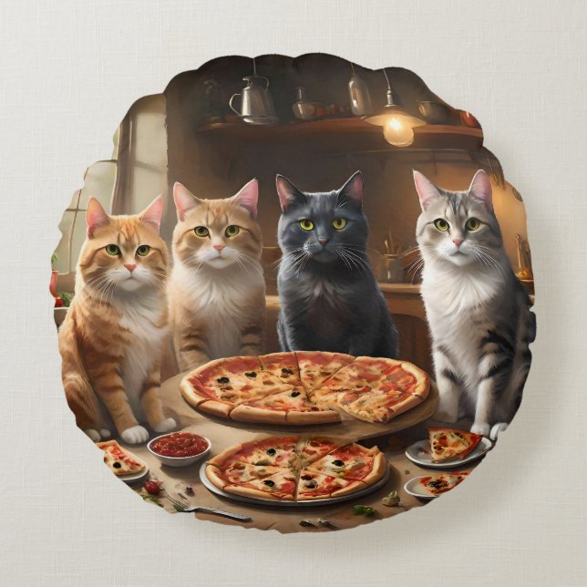 Cat Pizza Night, Round Cushion (Front)