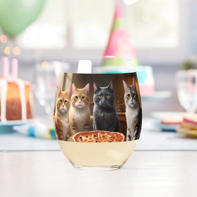 Cat Pizza Night, Stemless Wine Glass (Insitu (Birthday))
