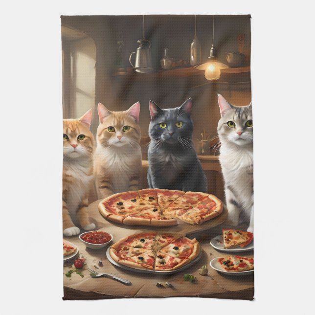 Cat Pizza Night, Tea Towel (Vertical)