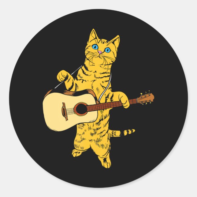 Cat Playing Acoustic Guitar Cool Musician Classic Round Sticker (Front)