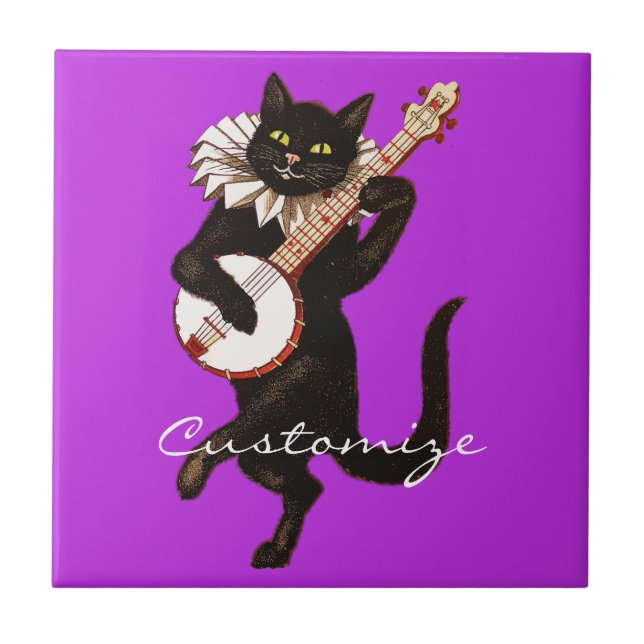 Cat playing Banjo Thunder_Cove Ceramic Tile (Front)