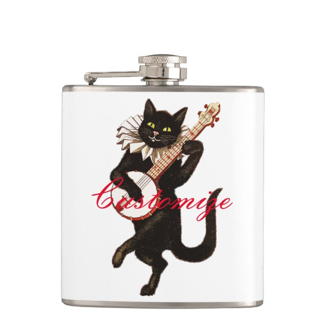 Cat playing Banjo Thunder_Cove Hip Flask (Front)