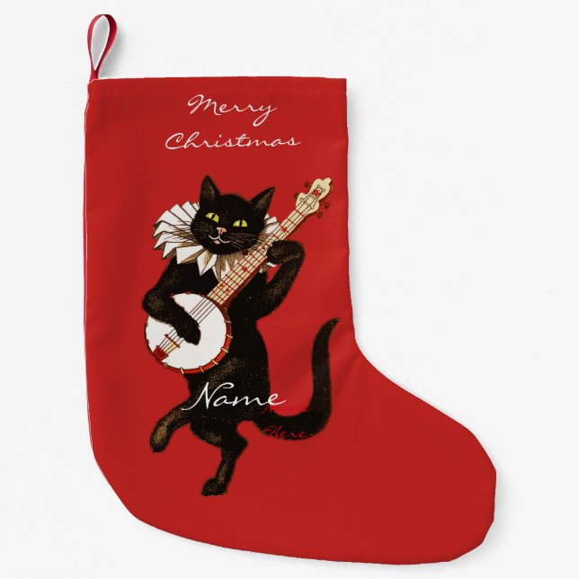 Cat playing Banjo Thunder_Cove Small Christmas Stocking (Front)
