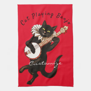 Cat playing Banjo Thunder_Cove Tea Towel