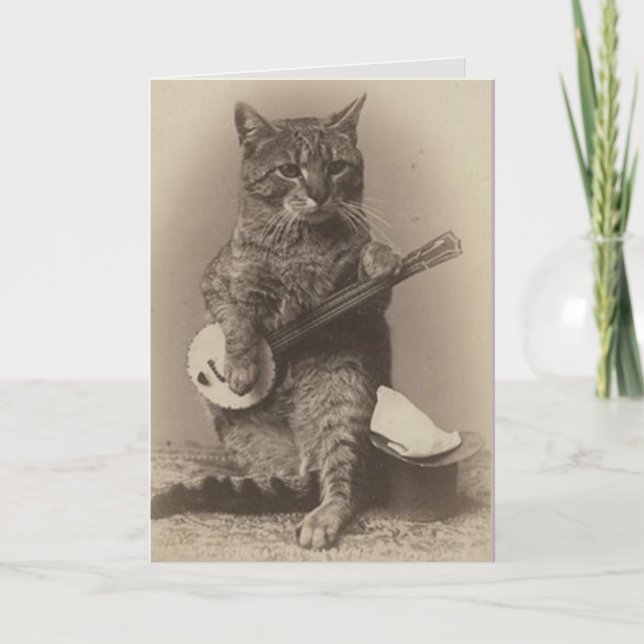 CAT PLAYING BANJO VINTAGE BIRTHDAY CARD (Front)