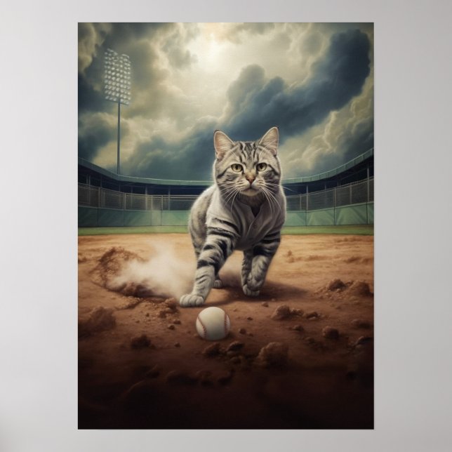 Cat Playing Baseball Poster (Front)