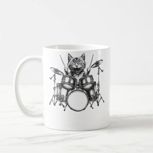 Cat Playing Drum Percussionist Drummer Rock  Roll  Coffee Mug (Left)
