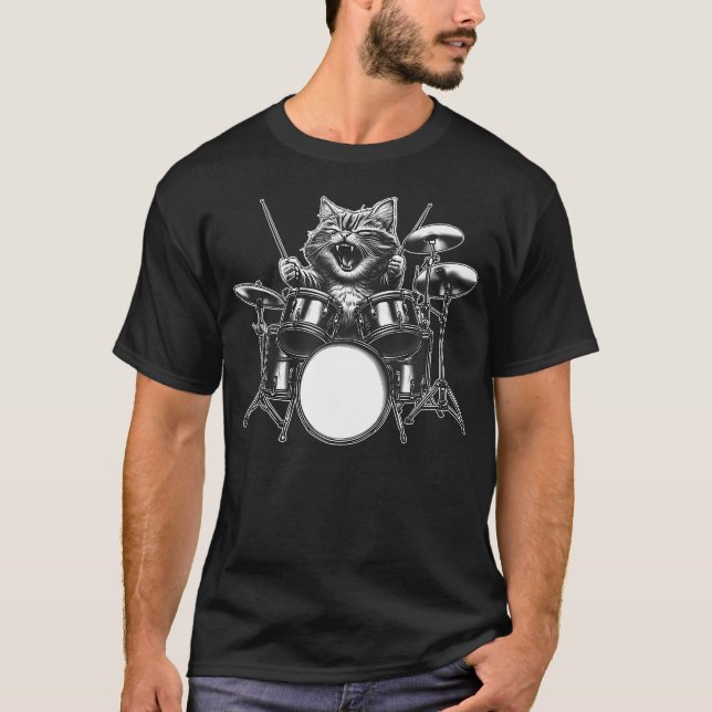 Cat Playing Drum Set Drummer Drumming Rock T-Shirt (Front)