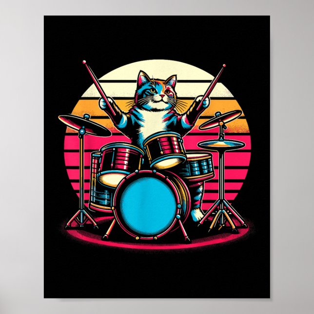 Cat Playing Drums Drummer Novelty Music Lover Funn Poster (Front)