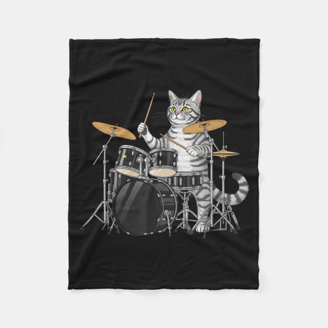 Cat Playing Drums Drumset Drumkit Drumming Drum Dr Fleece Blanket (Front)