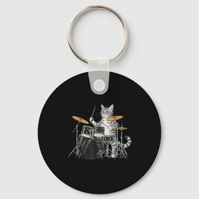 Cat Playing Drums Drumset Drumkit Drumming Drum Dr Key Ring (Front)