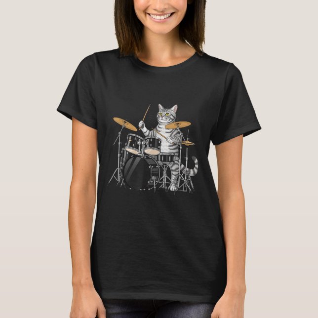 Cat Playing Drums Drumset Drumkit Drumming Drum Dr T-Shirt (Front)