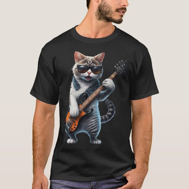 Cat Playing Electric Bass Guitar  Animal Cat  Guit T-Shirt (Front)