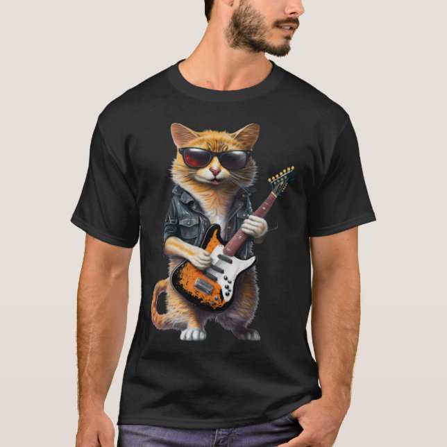 Cat Playing Electric Guitar  Animal Cat  Guitar T-Shirt (Front)