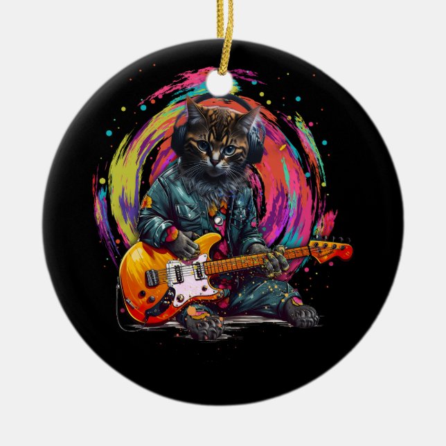 Cat Playing Electric Guitar Rock Heavy Metal Music Ceramic Ornament (Front)