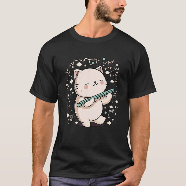 Cat Playing Flute Kitten Cat Lover Tee Cat (Front)