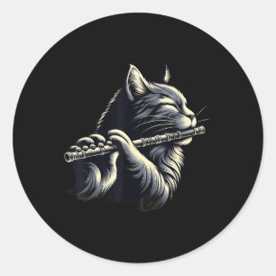 Cat Playing Flute Musician Cats Lover  Classic Round Sticker