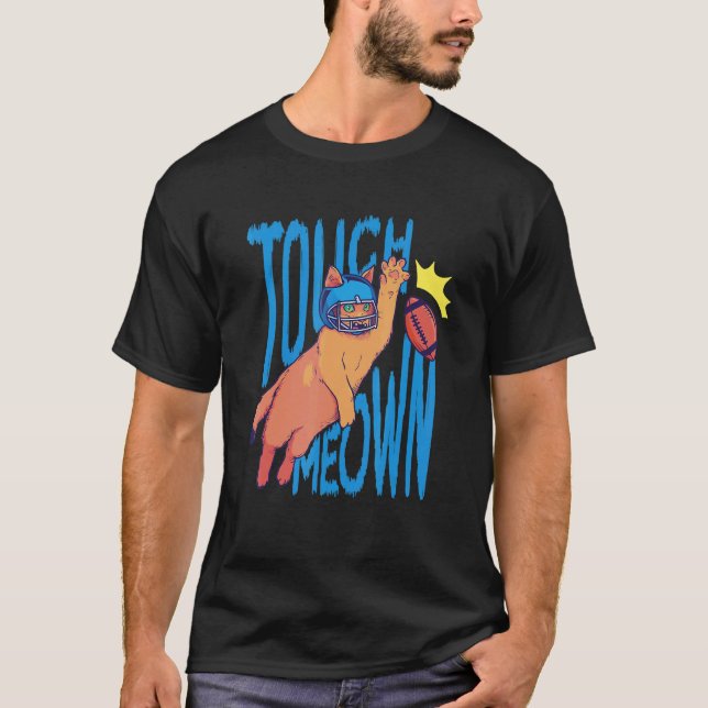 Cat Playing Football Touchdown Meown Graphic Crewn T-Shirt (Front)