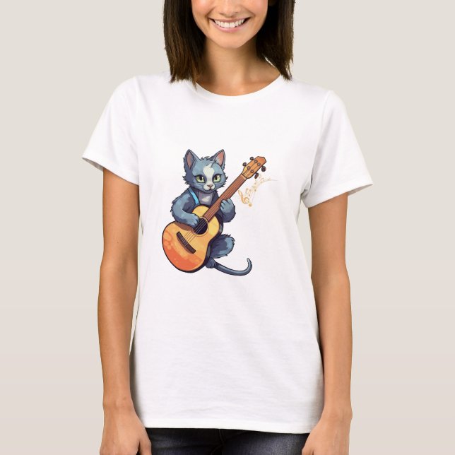 Cat Playing Guitar, Cat and Music T-Shirt (Front)