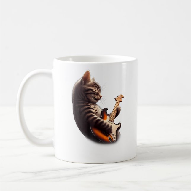 Cat Playing Guitar - Funny Rock Music Guitar Cat Coffee Mug (Left)