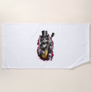 Cat Playing Guitar Rock & Roll 80s 90s Rock Band C Beach Towel