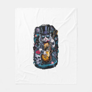 Cat Playing Guitar Rock & Roll 80s 90s Rock Band C Fleece Blanket