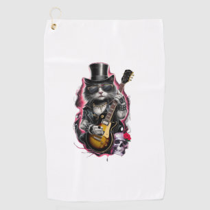 Cat Playing Guitar Rock & Roll 80s 90s Rock Band C Golf Towel