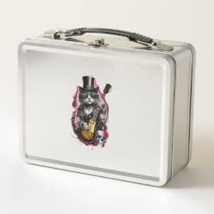 Cat Playing Guitar Rock & Roll 80s 90s Rock Band C Metal Lunch Box