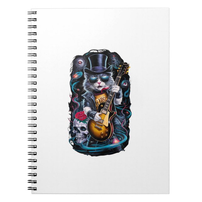 Cat Playing Guitar Rock & Roll 80s 90s Rock Band C Notebook (Front)