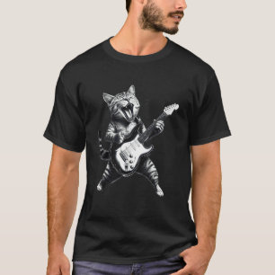 Cat Playing Guitar Rock & Roll Star Kitten Heavy M T-Shirt