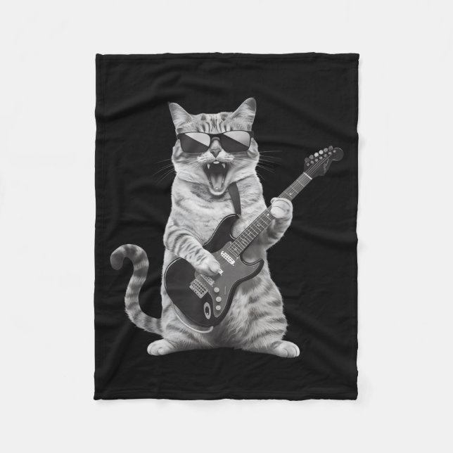Cat Playing Guitar Rock Star Rock And Roll Men Wom Fleece Blanket (Front)