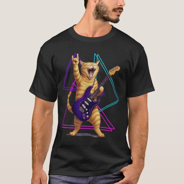 Cat Playing Guitar Rock Star Rock And Roll Men Wom T-Shirt (Front)