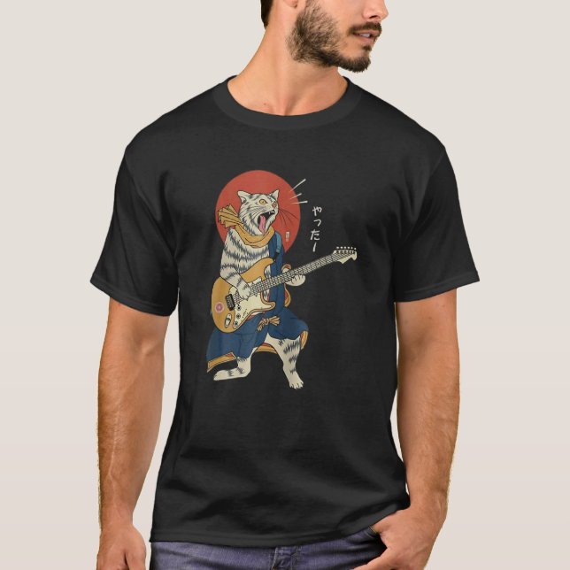 Cat Playing Guitar Ukiyo E Samurai Japanese Warrio T-Shirt (Front)