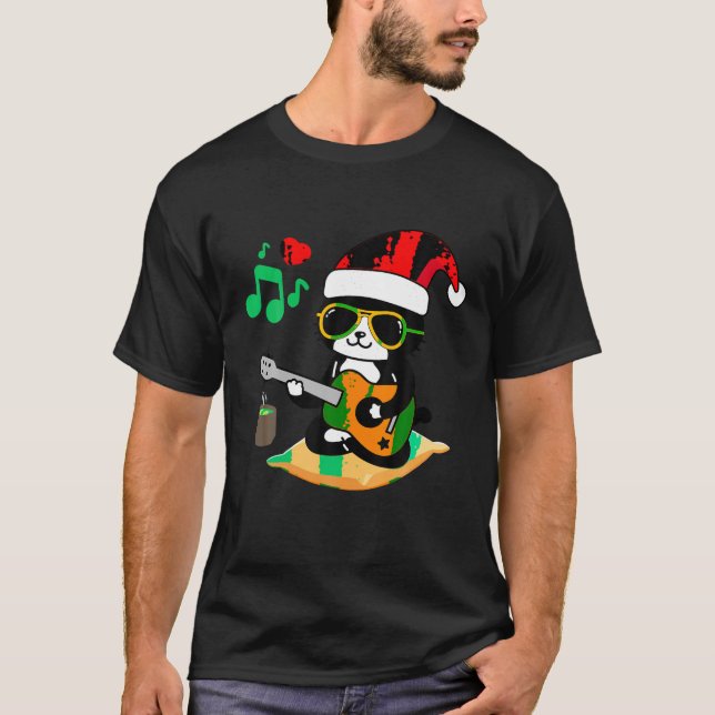 Cat Playing Guitar With Sunglasses Santa Hat Chris T-Shirt (Front)