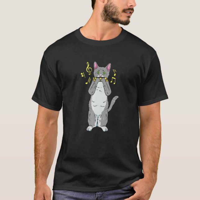 Cat Playing Harmonica Harmonicist   T-Shirt (Front)