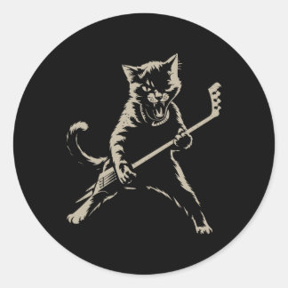 Cat Playing Ice Hockey Funny Cat Playing Hockey Sp Classic Round Sticker