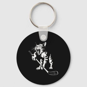 Cat Playing Ice Hockey Key Ring