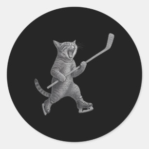 Cat Playing Ice Hockey Stick Funny Skating Cat  Classic Round Sticker