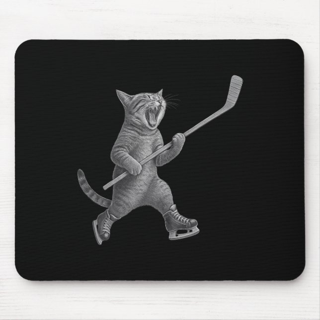 Cat Playing Ice Hockey Stick Funny Skating Cat  Mouse Pad (Front)