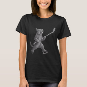 Cat Playing Ice Hockey Stick Funny Skating Cat T-Shirt