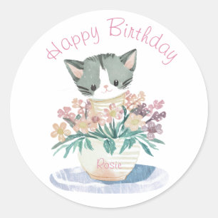 Cat Playing In Flowers   Daughters Birthday Name Classic Round Sticker