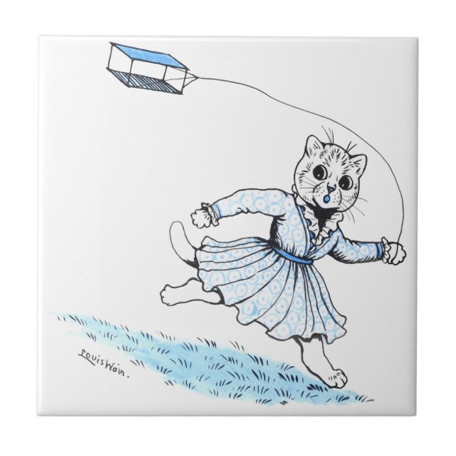 Cat Playing Kite, Louis Wain Ceramic Tile (Front)