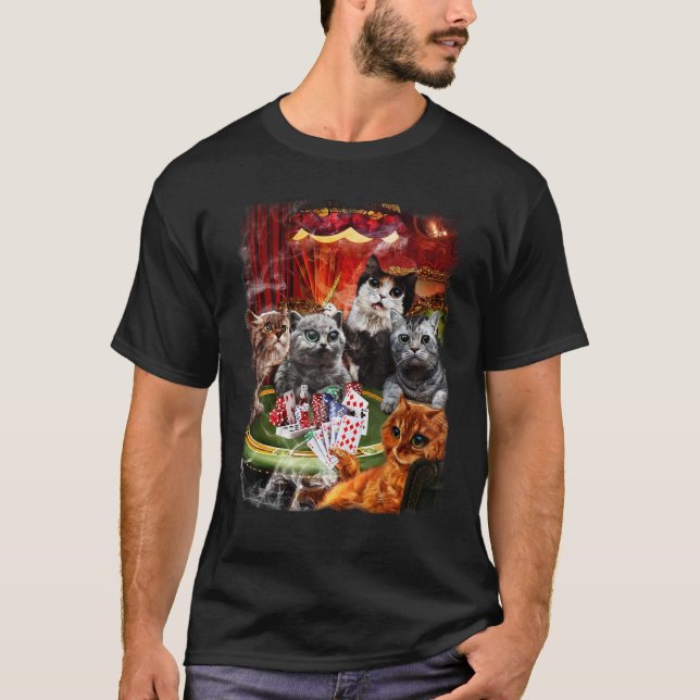 Cat Playing Poker Cards T-Shirt (Front)
